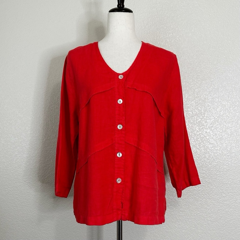 Mosaic USA 100% Linen Coral V-Neck 3/4 Sleeves Button Down Top, Sz Small